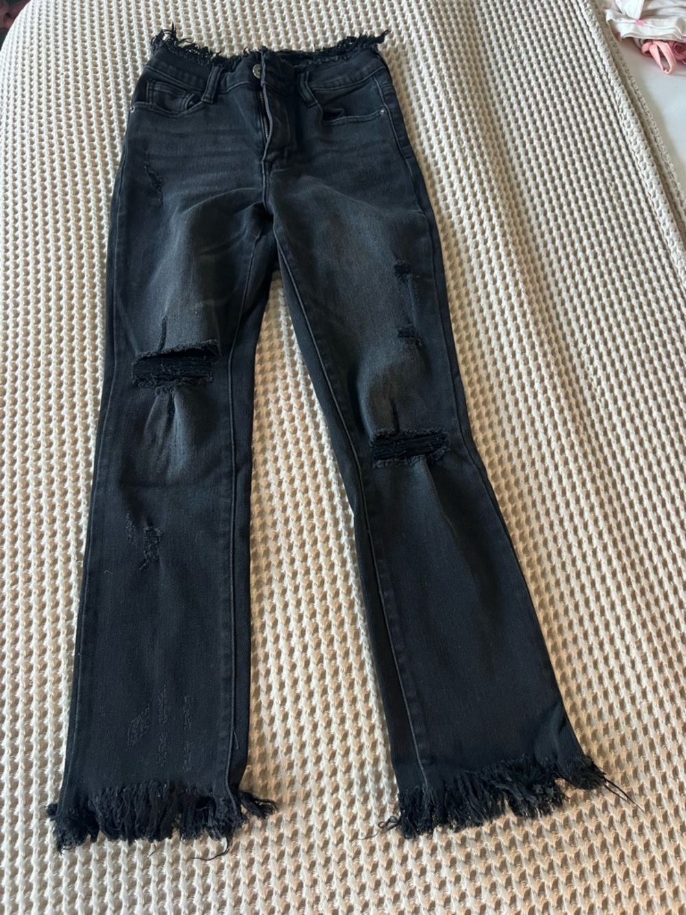 Black Frayed-Hem Wide Leg Jeans